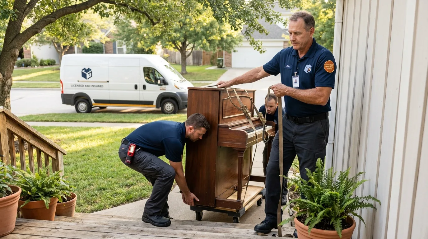 Licensed piano movers securing grand piano in Palmyra, ME
