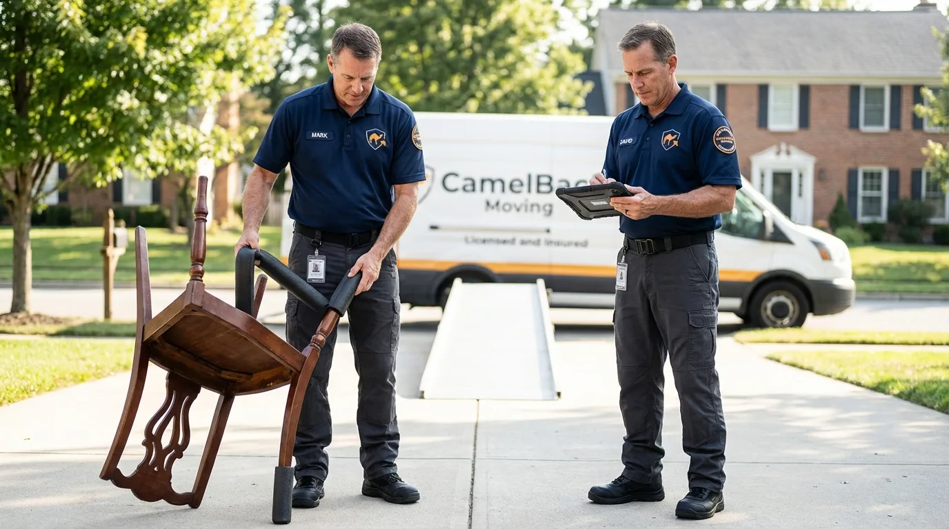 Movers inspecting furniture for damage prevention before loading in Palmyra, ME