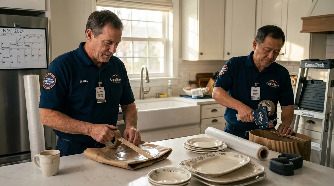 Professional crew packing kitchen dishware in Palmyra, ME